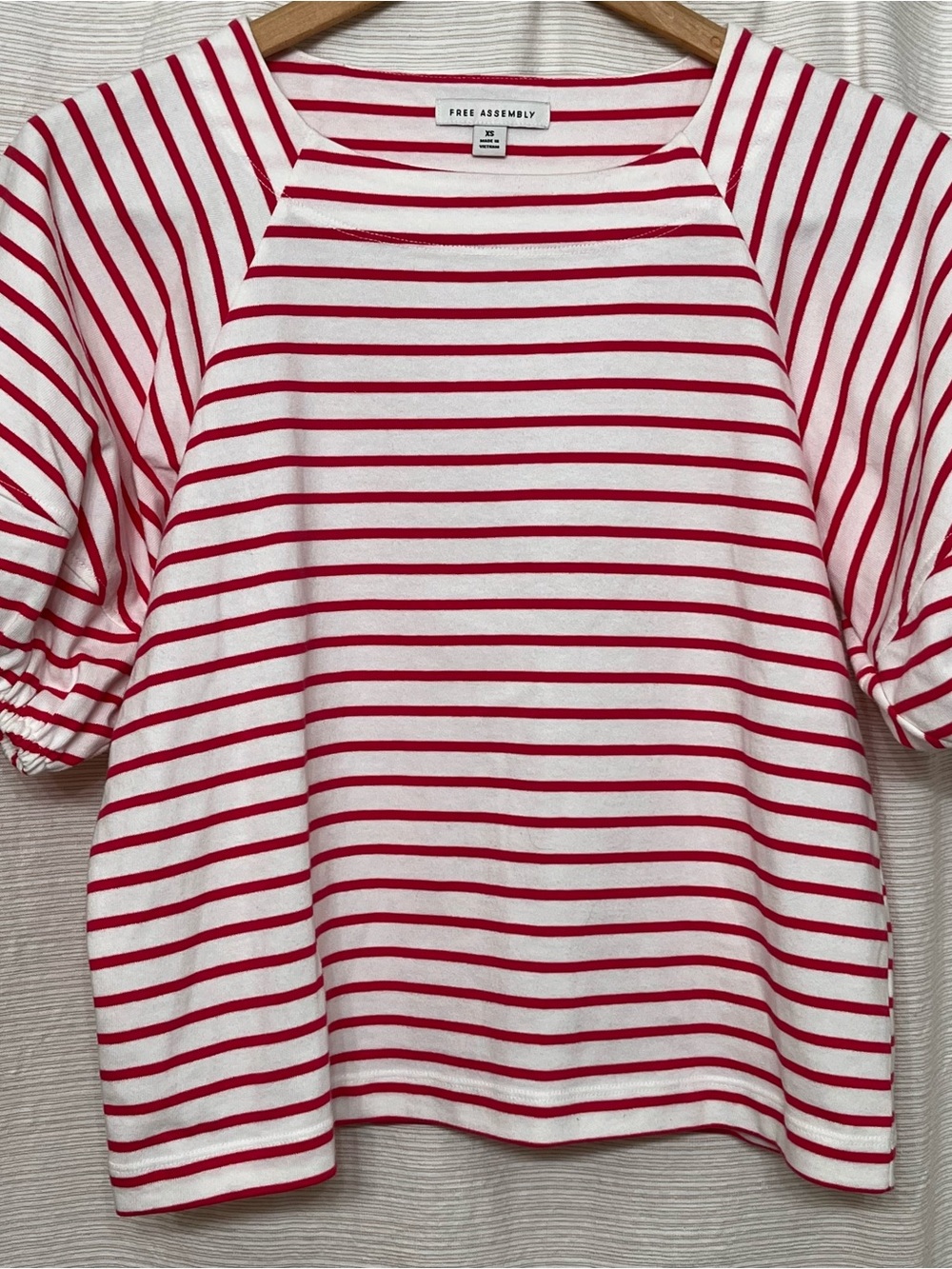 Free Assembly Red & White Striped Short Sleeve Puff Poof Sleeve Top